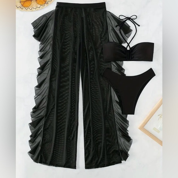 3pc Black Criss Cross Top Bikini Set with Sheer Mesh Ruffle Cover-Up Pants - Picture 2 of 8